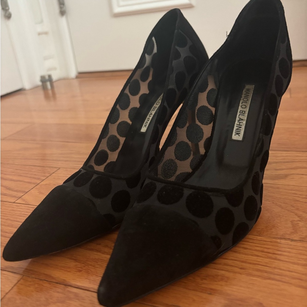 Manolo Blahnik Sheer and Black Polka Dot Hesls
